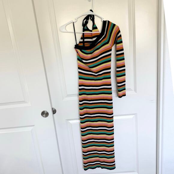 Monse One Sleeve Halter Merino Wool Striped Ribbed Knit 
Midi Dress Small - Picture 3 of 5